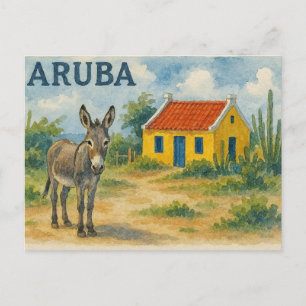 Postal Casa cunucu amarilla de Aruba con burro acuarela