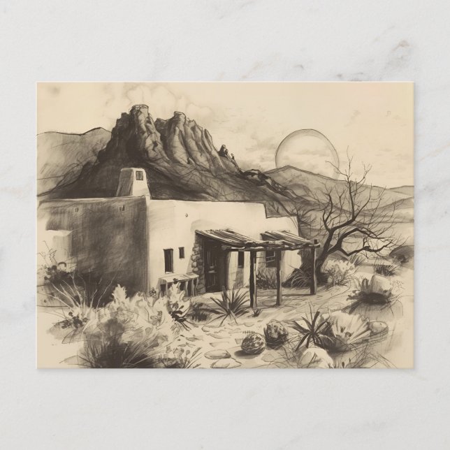 Postal Casa de Adobe del Sudoeste con Paisaje Desértico (Anverso)