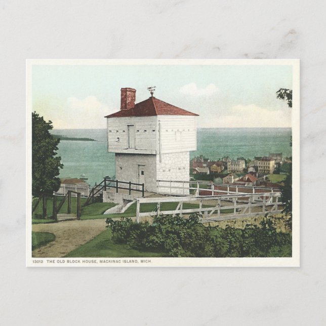 Postal Casa de bloques de época Isla Mackinac Michigan (Anverso)