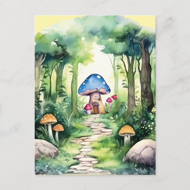 Postal Casa de champiñones encantada en un bosque mágico (Anverso)