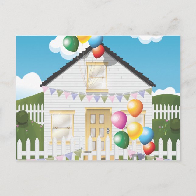 Postal Casa de cumpleaños divertida con globos (Anverso)