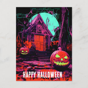 Postal Casa de Halloween de color morado, Naranja rosa