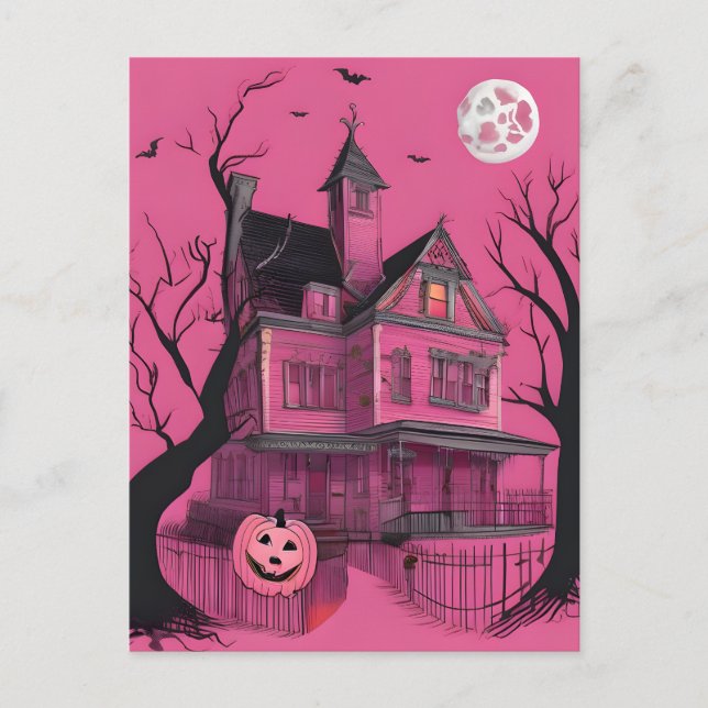 Postal Casa de Halloween Rosa (Anverso)