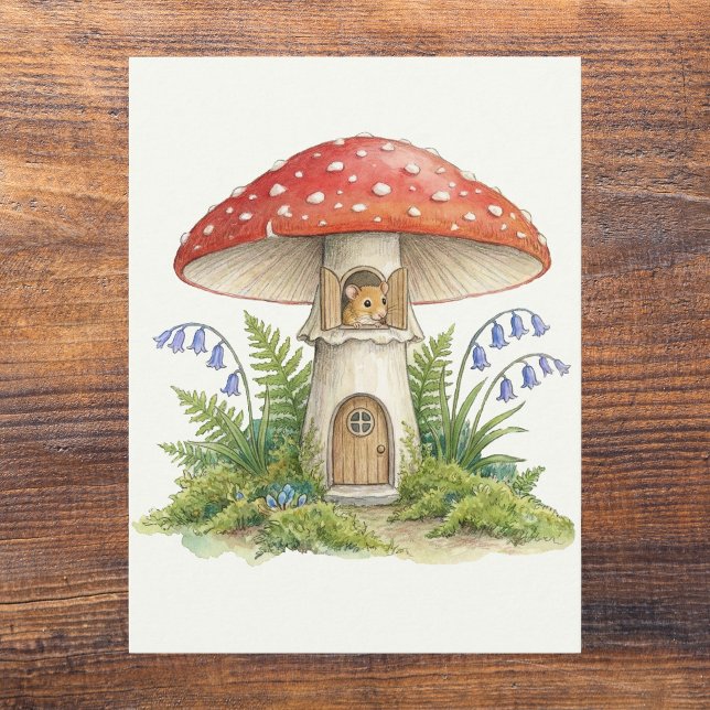 Postal Casa de Hongos Ratón Fairycore en Blanco (Fairycore Mushroom Mouse House Whimsical Wildlife Storybook illustration postcard art print for kids)