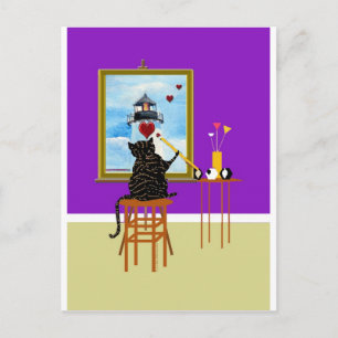 Postal Casa de luz de pintura de gato + corazones