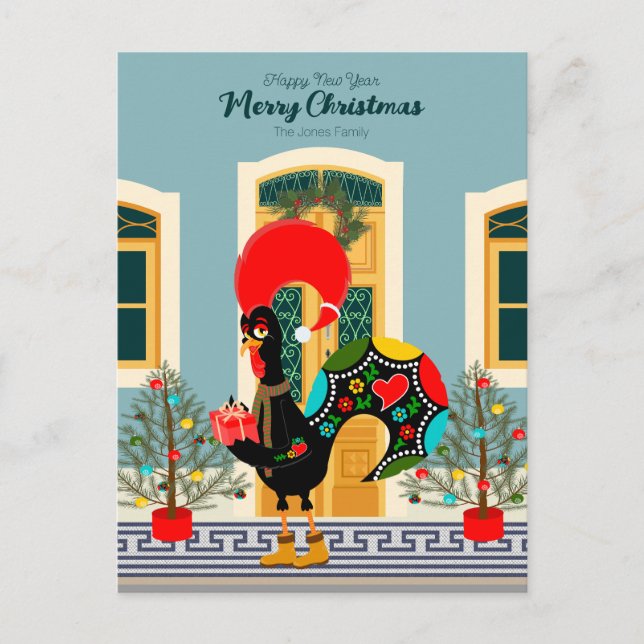 Postal Casa de Navidades portugueses con saludos de gallo (Anverso)