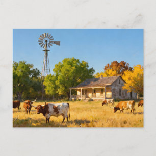 Postal Casa de rancho de Texas y Longhorns en otoño