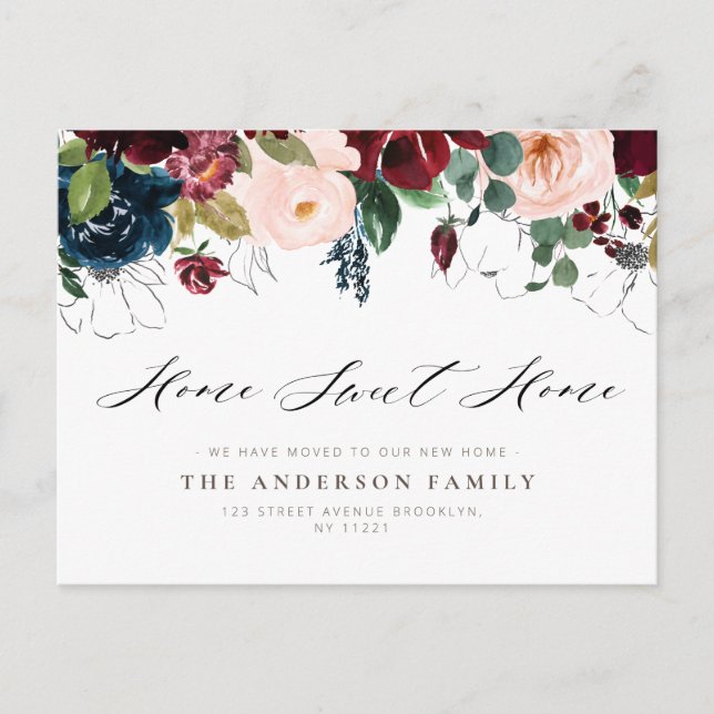 Postal CASA DULCE CASA borgoña marina floral movimiento (Anverso)