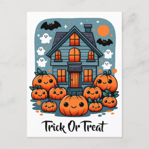 Postal Casa embrujada adorable, calabazas de Halloween, f