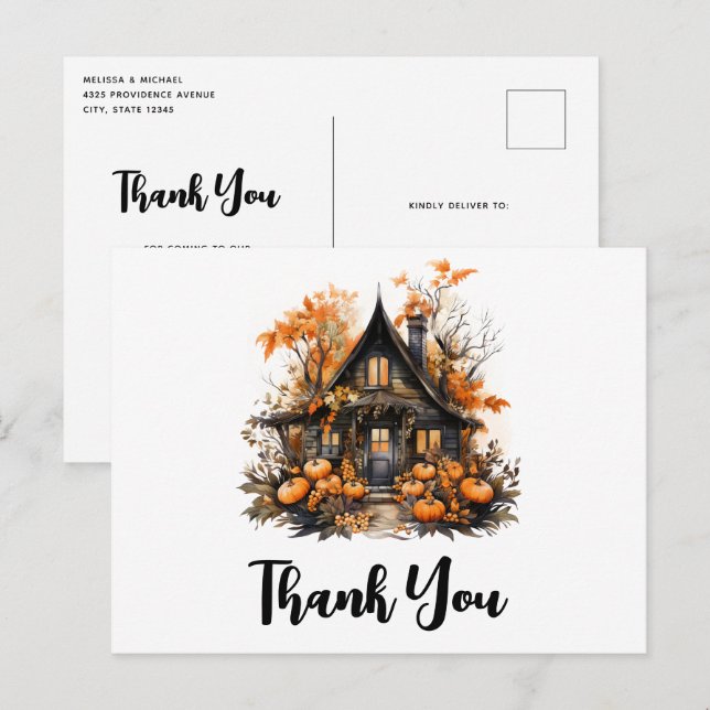 Postal Casa embrujada con calabazas Halloween Gracias (Anverso / Reverso)