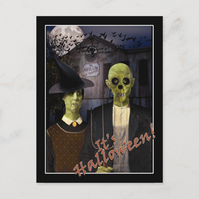 Postal Casa embrujada de Halloween American Gothic (Anverso)
