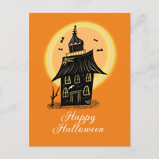 Postal Casa embrujada de Halloween feliz negra naranja (Anverso)