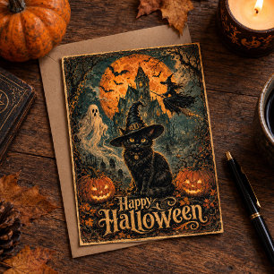 Postal Casa embrujada de Halloween Gato negro Murciélago
