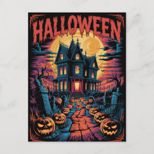 Postal Casa embrujada espeluznante de Halloween Calabazas