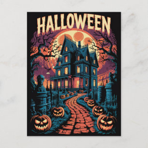 Postal Casa embrujada espeluznante de Halloween Calabazas