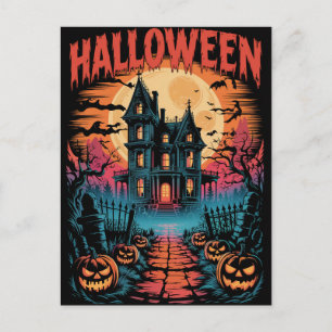 Postal Casa embrujada espeluznante de Halloween Calabazas