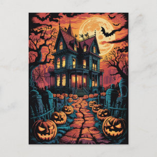 Postal Casa embrujada espeluznante de Halloween Calabazas
