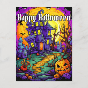 Postal Casa Embrujada Espeluznante   Feliz Halloween