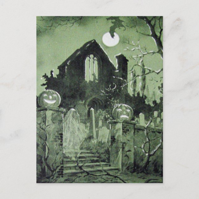 Postal Casa embrujada Jack O' Lantern Fantasma Murciélago (Anverso)