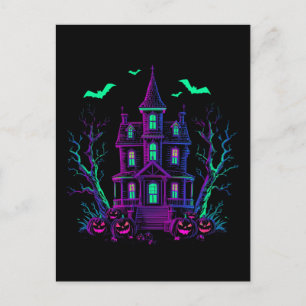 Postal Casa Embrujada Neon Glow Murciélagos y Calabazas