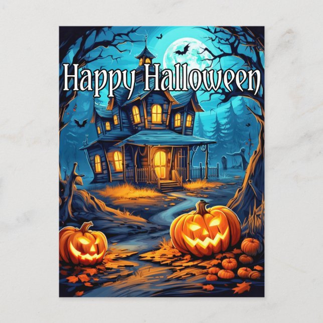 Postal Casa embrujada vintage feliz Halloween (Anverso)