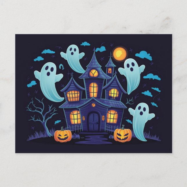 Postal Casa espeluznante de color azul con fantasmas flot (Anverso)