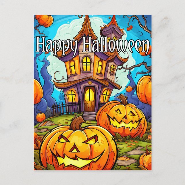 Postal Casa festiva embrujada | Feliz Halloween (Anverso)
