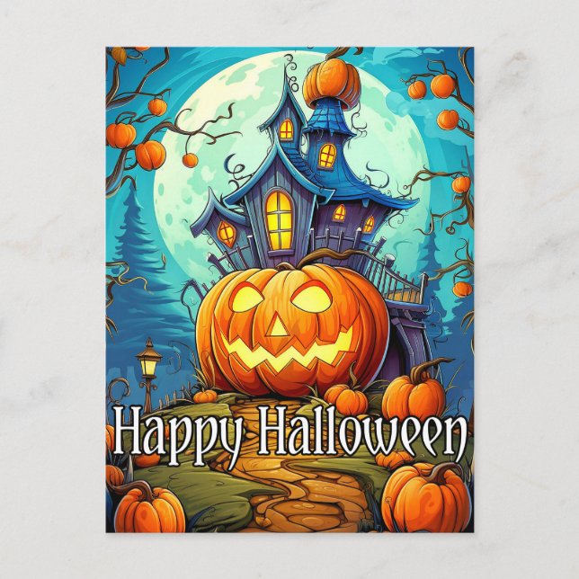 Postal Casa festiva y encantadora | Feliz Halloween (Anverso)