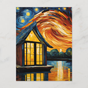 Postal Casa flotando en el río Van Gogh AI