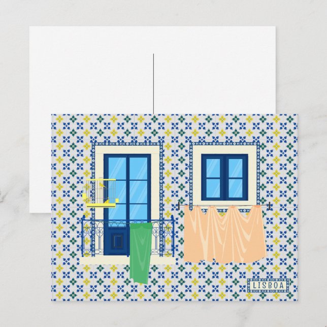 Postal Casa portuguesa de Lisboa con azulejos y pájaro (Anverso / Reverso)