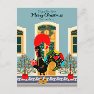 Postal Casa portuguesa de Navidad con Saludos de Gallo