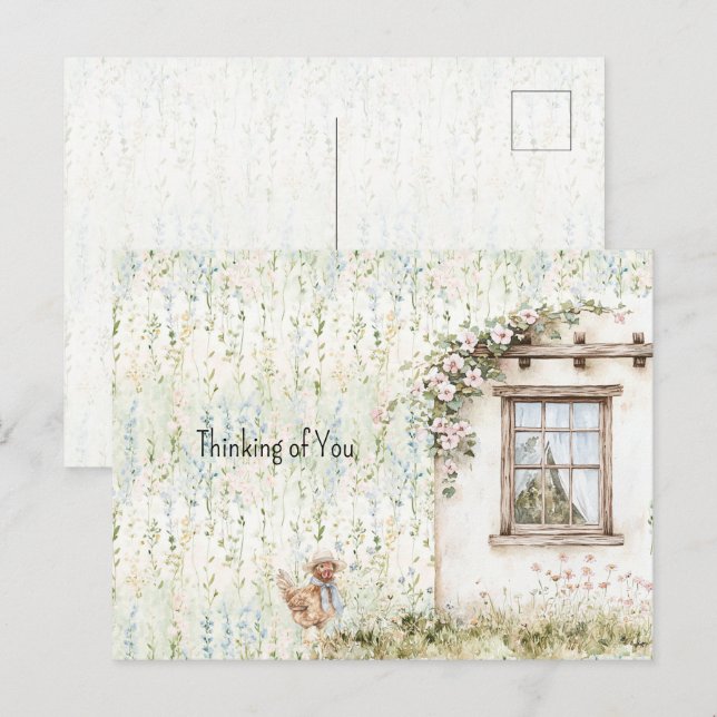 Postal Casa Romántica de Pollo Ventana Floral (Anverso / Reverso)