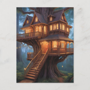 Postal casa victoriana con luces de árbol en árbol de leñ