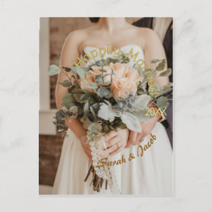 POSTAL CASADOS FELIZMENTE AMARILLO VERDE PASTEL MARRÓN FO