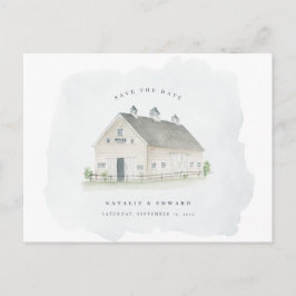 Postal casamiento rústico acuarela de granero salva la fe