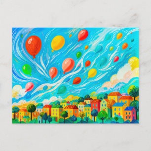 Postal Casas coloridas con globos en un cielo ventoso