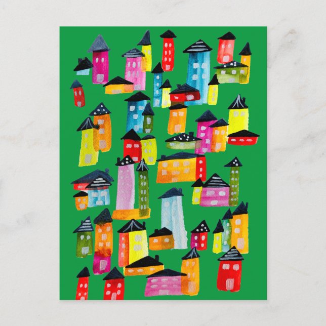 Postal Casas coloridas lindas arte acuarela (Anverso)