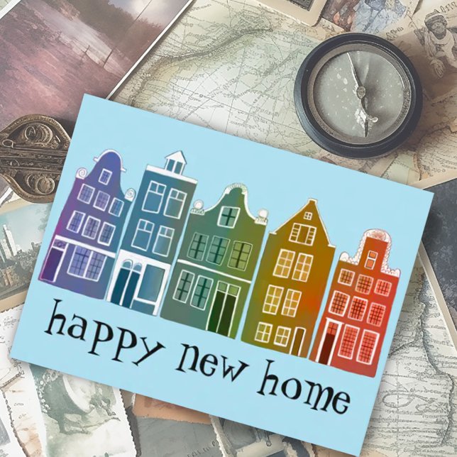 Postal Casas Cute de Calentamiento Doméstico Amsterdam Co (Happy new home custom postcard with  rainbow amsterdam houses)