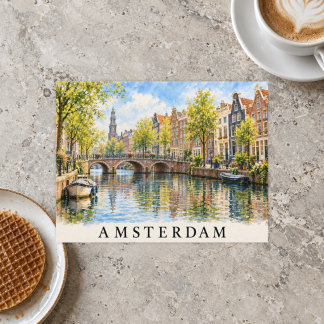 Postal Casas de Canal de Acuarela de Ámsterdam Viaje