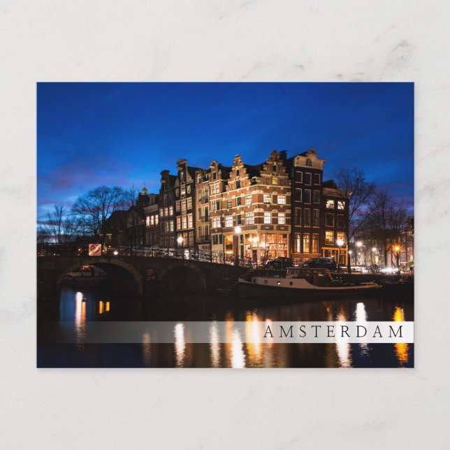 Postal Casas de los canales de Amsterdam por la noche (Anverso)