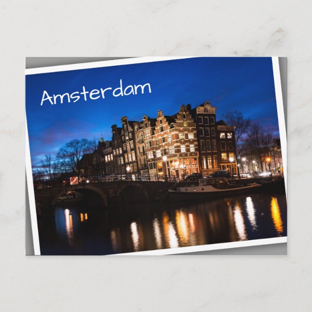 Postal Casas de los canales de Amsterdam por la noche (Anverso)
