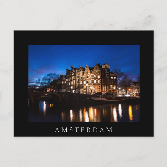 Postal Casas de los canales de Amsterdam por la noche (Anverso)