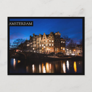 Postal Casas de los canales de Amsterdam por la noche