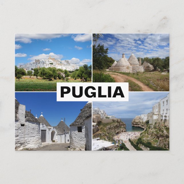 Postal Casas de Puglia, pueblos y collage de paisajes (Anverso)