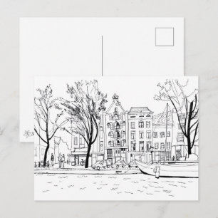 Postal Casas del Canal de Ámsterdam Boceto en Blanco y Ne