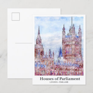 Postal Casas del Parlamento Londres acuarela de viajes