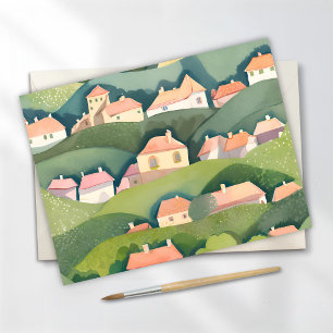 Postal Casas en la ladera   Pintura acuarela ligera de la