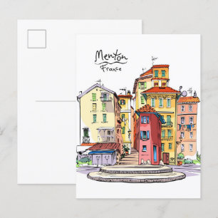 Postal Casas provenzales Menton Francia Ilustracion Viaje