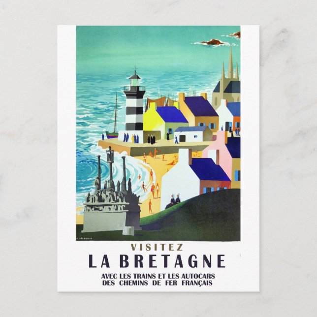 Postal Casas y faro en la costa de Bretaña, Francia (Anverso)