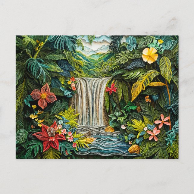 Postal Cascada Tropical en Estilo Vibrante de Quilling (Anverso)